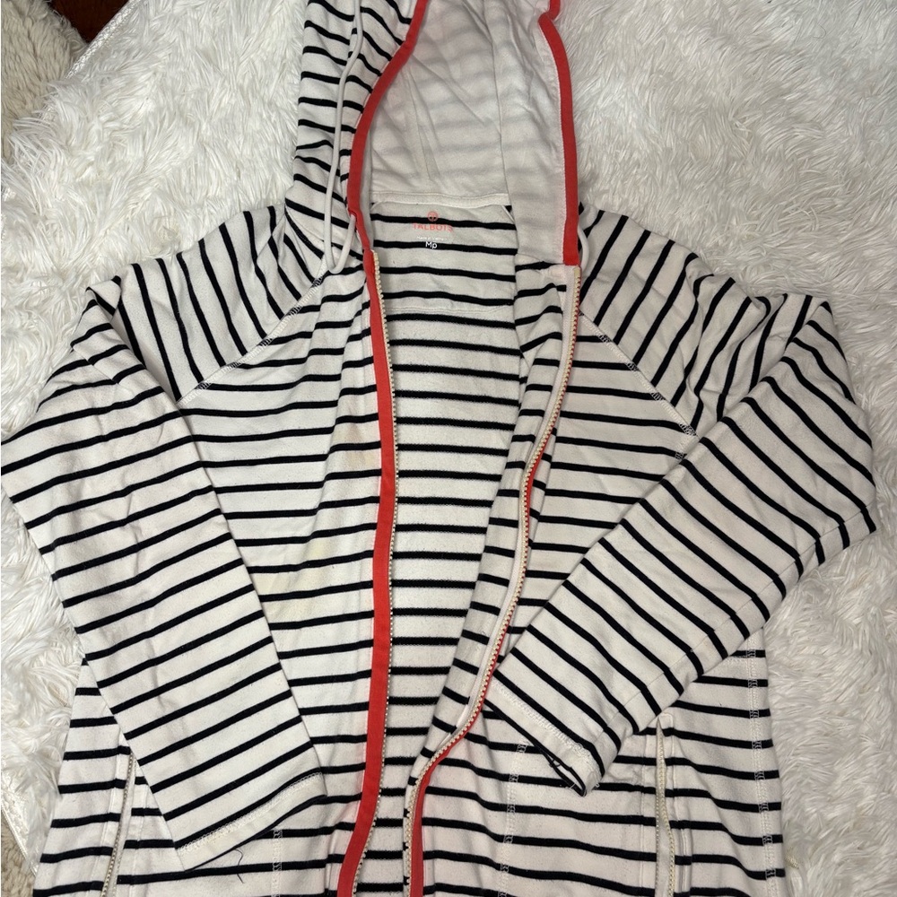 Talbots Black and White Striped Hoodie with Red Trim